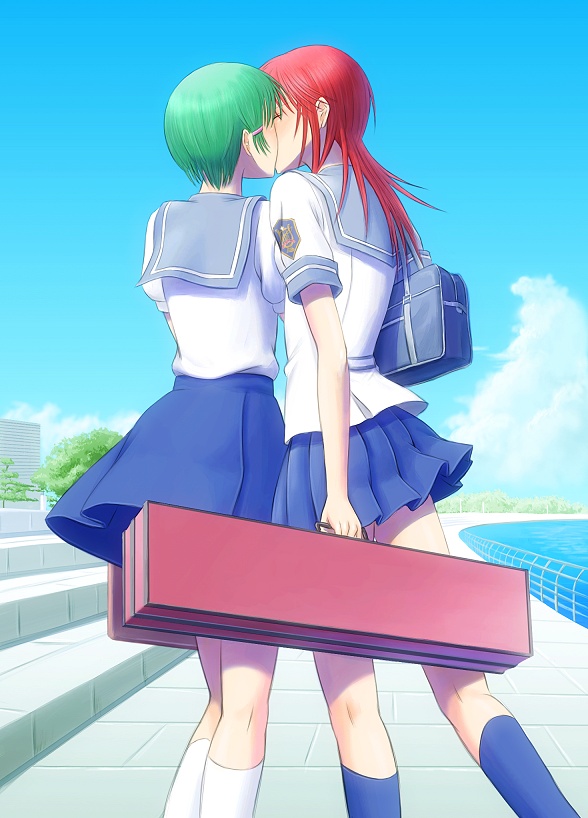2girls, bag, bonnie_(rsg), clouds, fuyuumi_shoko, green_hair, hair_ornament, hairclip