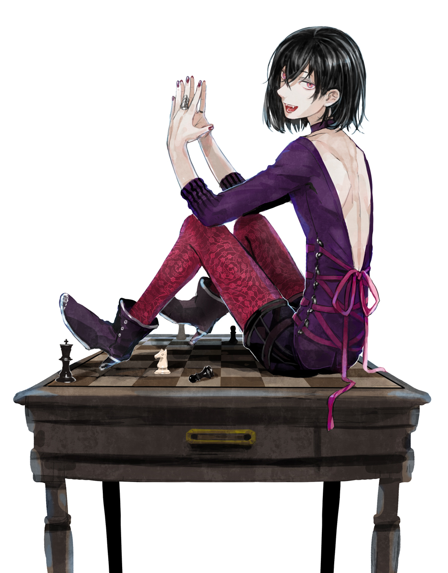 1boy, androgynous, black_hair, board_game, boots, chess, choker, crossdressinging