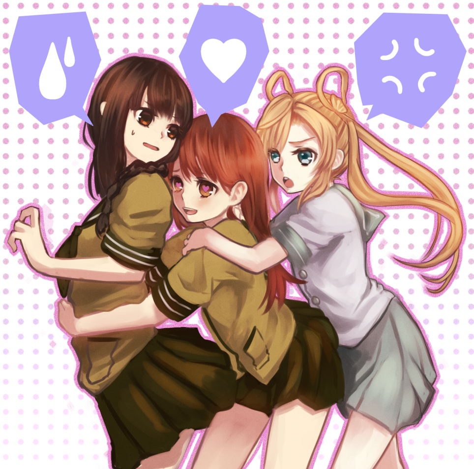 3girls, abukuma_(kantai_collection), anger_vein, bangs, black_eyes, black_hair, blonde_hair, blue_eyes, blunt_bangs, blush, braid, brown_eyes, brown_hair, elk_(zrkn69), girl_sandwich, hair_rings, hands_on_shoulders, heart, heart-shaped_pupils, hug, hug_from_behind, kantai_collection, kitakami_(kantai_collection), long_hair, looking_at_another, looking_back, multiple_girls, ooi_(kantai_collection), open_mouth, personification, pleated_skirt, school_uniform, serafuku, skirt, smile, sweatdrop, symbol-shaped_pupils, twintails, yuri