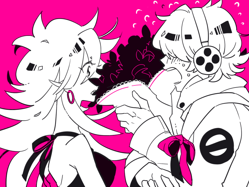 1boy, 1girl, blush, bouquet, brief_(psg), chappa_(kaetodo), couple, earrings, flower, hair_over_eyes, headphones, hetero, jewelry, nervous, open_mouth, panty_&amp;_stocking_with_garterbelt, panty_(psg), pink_background