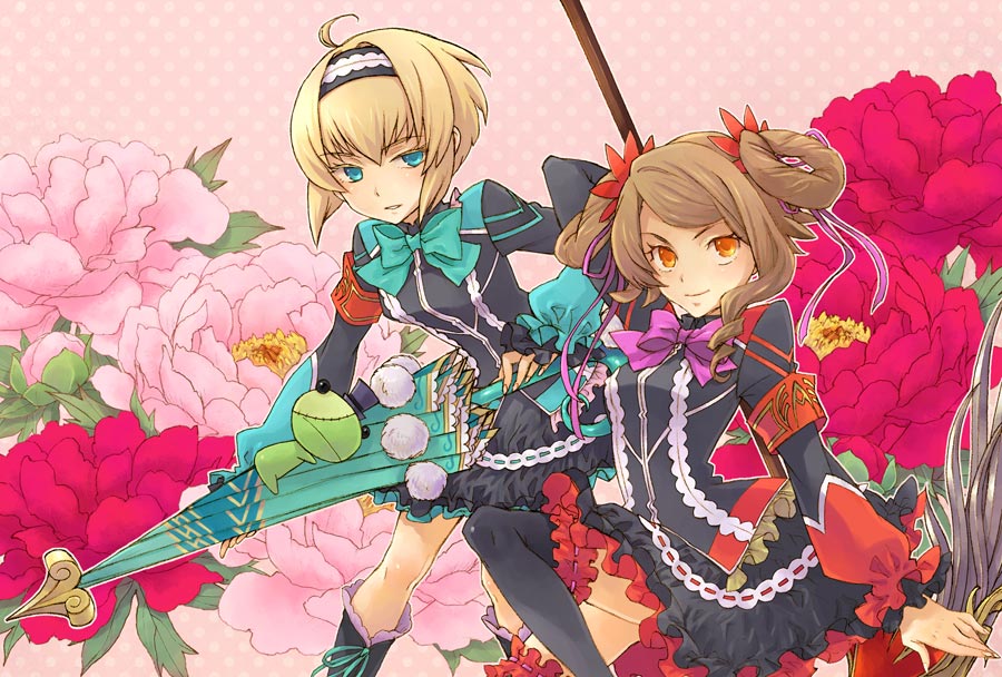 arc_rise_fantasia, blonde_hair, brown_hair, flower, hair_rings, hairband, multiple_girls, oriental_umbrella, peony_(flower), poorya, ribbon, ruunya, saikachi, umbrella