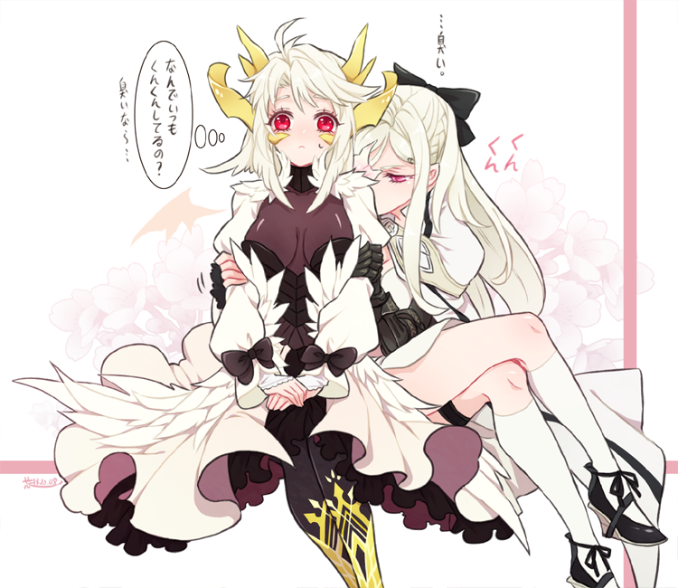 2girls, albino, drag-on_dragoon, drag-on_dragoon_3, dragon_girl, feathers, genderswap, horns