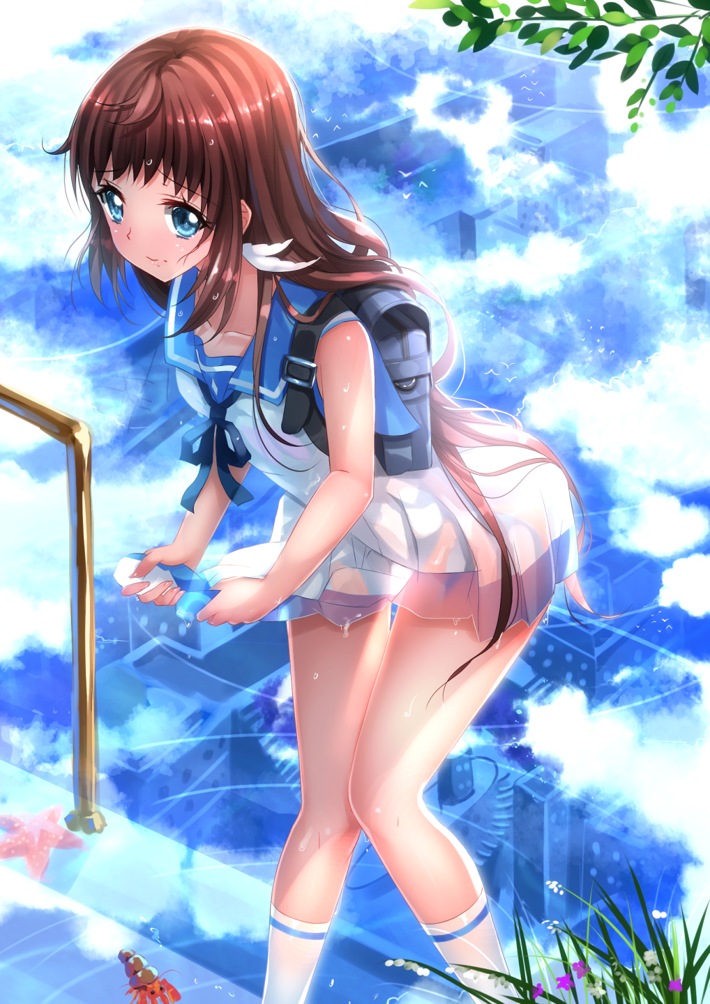 1girl, backpack, bag, blue_eyes, blue_sky, brown_hair, clouds, hermit_crab