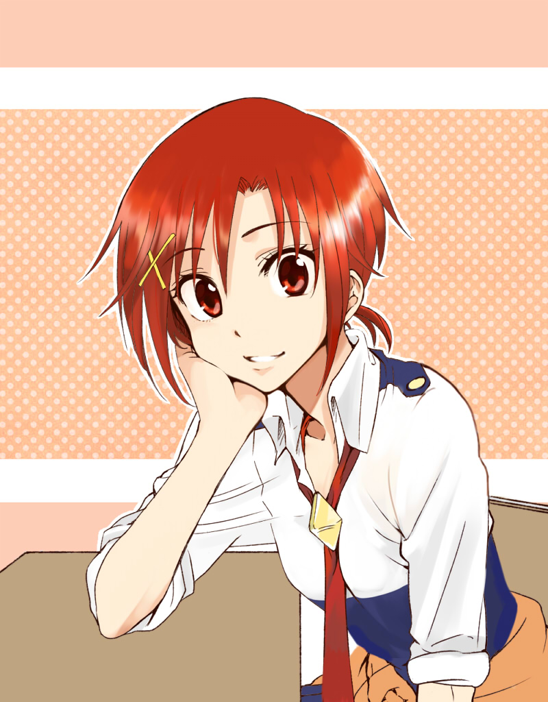 1girl, desk, hair_ornament, hino_akane, ishigana_(3104benzie), necktie, ponytail, precure