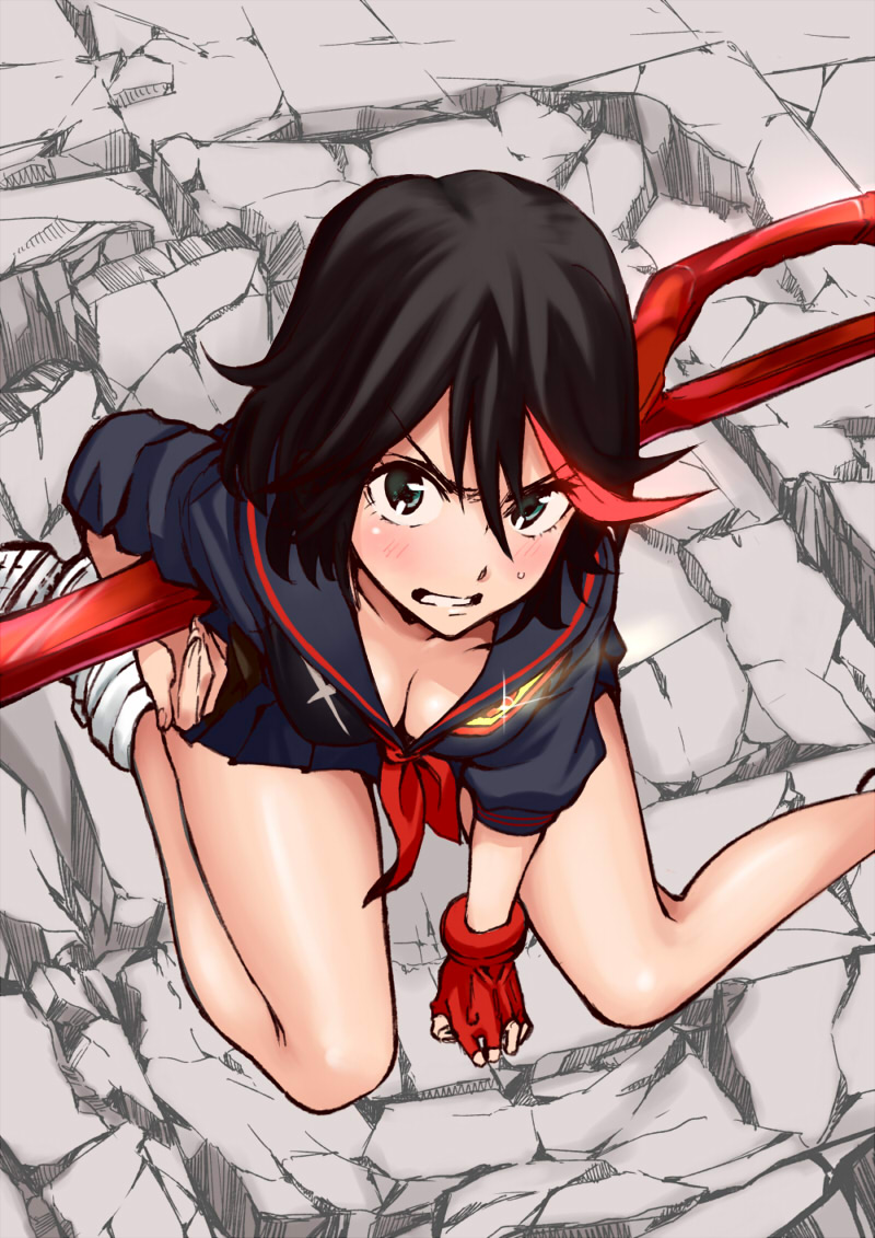 1girl, black_hair, blue_eyes, blush, breasts, cleavage, fingerless_gloves, gloves