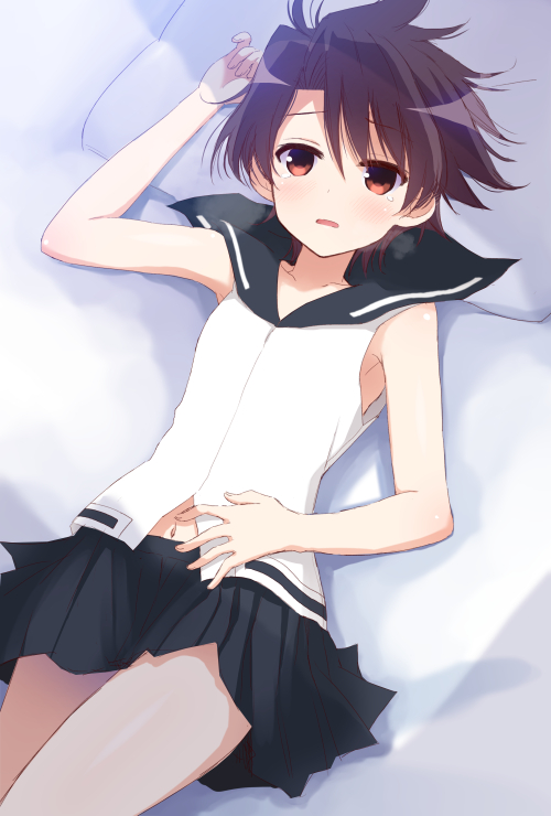 1girl, bed, blush, brown_eyes, hyuuga_takashi, looking_at_viewer, lying, microskirt