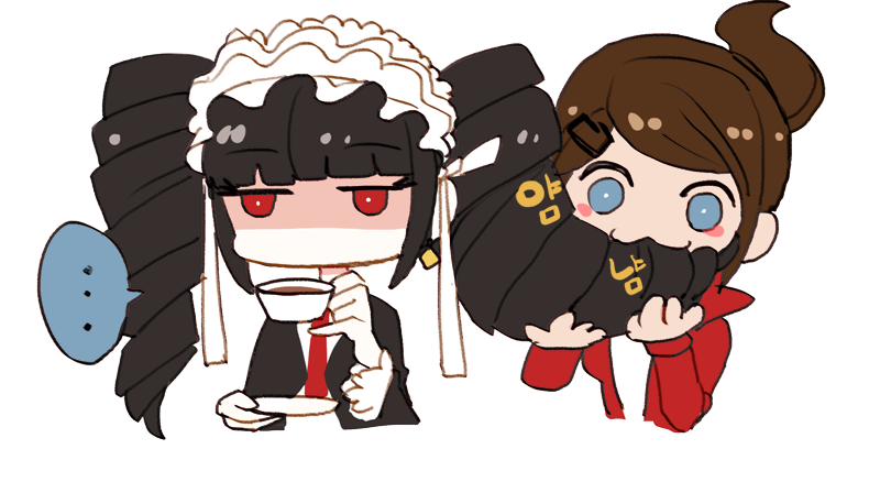 2girls, asahina_aoi, blue_eyes, brown_hair, celestia_rudenberk, cup, dangan_ronpa, drill_hair, h5we31, korean, long_hair, multiple_girls, ponytail, red_eyes, twin_drills