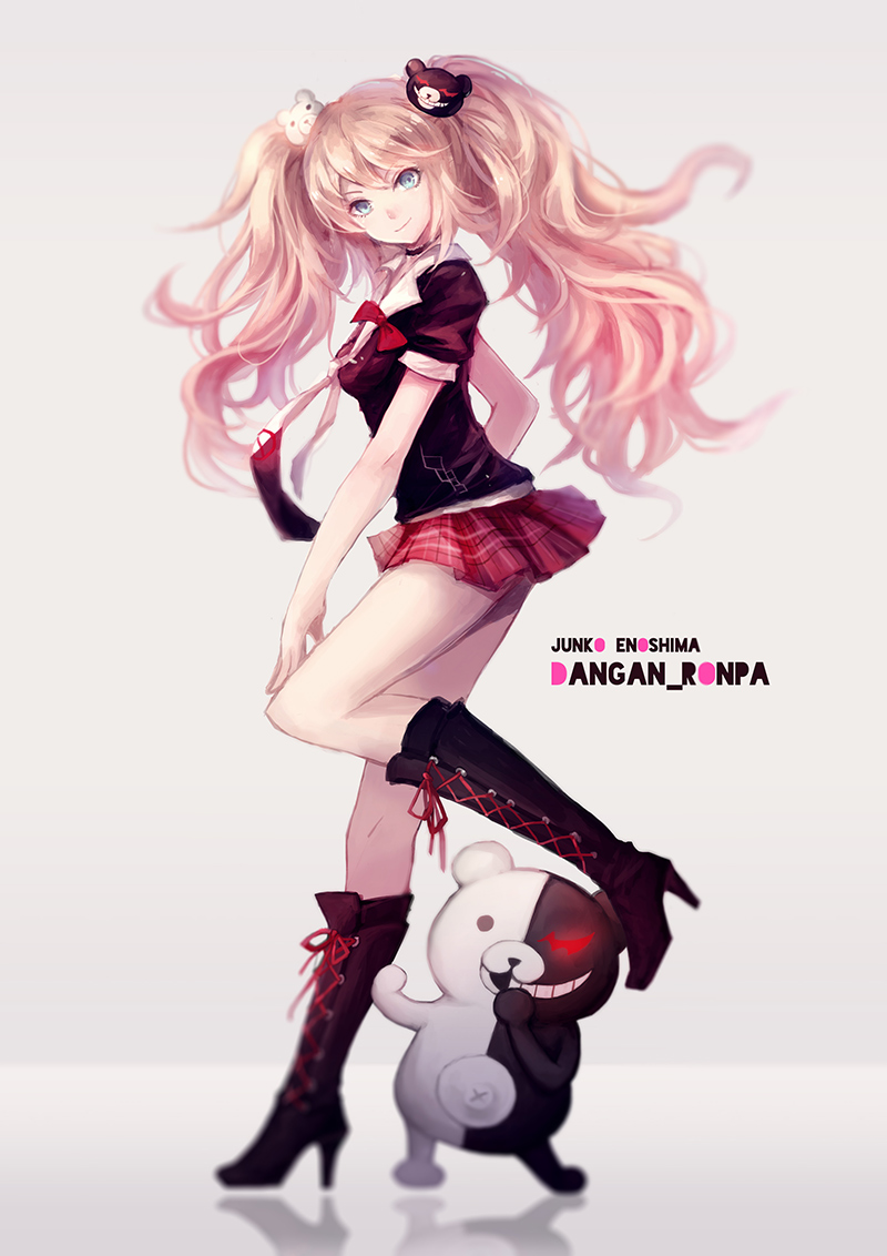 1girl, blue_eyes, dangan_ronpa, enoshima_junko, grin, hair_ornament, monokuma, necktie, pink_hair, smile, solo, spoilers, twintails, vienri