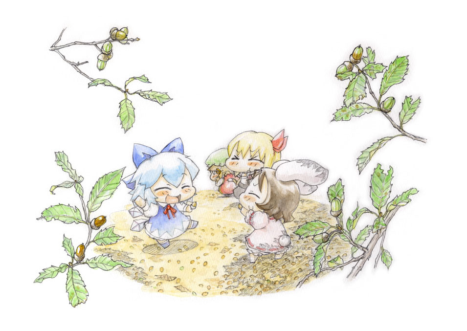 >_<, 4girls, :t, acorn, animal_ears, arm_up, autumn_leaves, baku_taso