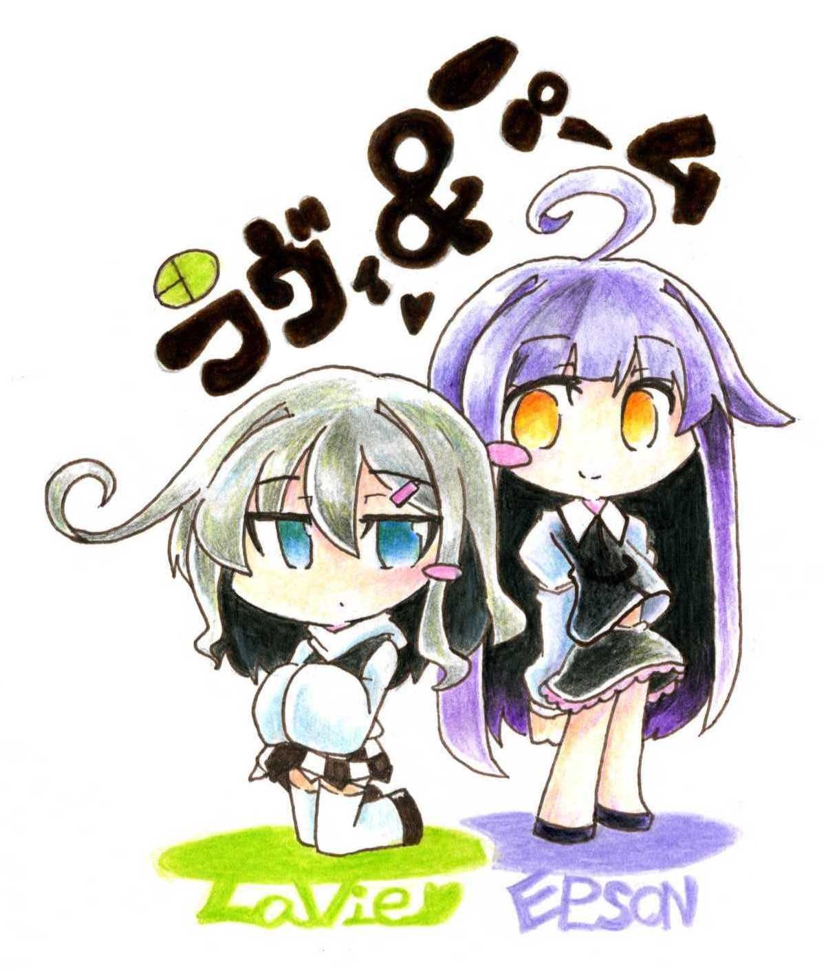 ahoge, blue_eyes, blush_stickers, checkered, checkered_skirt, chibi, colored_pencil_(medium), epson