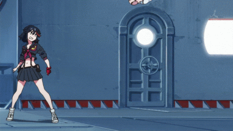 >_<, 2girls, animated, animated_gif, black_hair, brown_hair, hallway, high_tops, kill_la_kill, leaping, lowres, mankanshoku_mako, matoi_ryuuko, multiple_girls, school_uniform, serafuku, spinning, suspenders