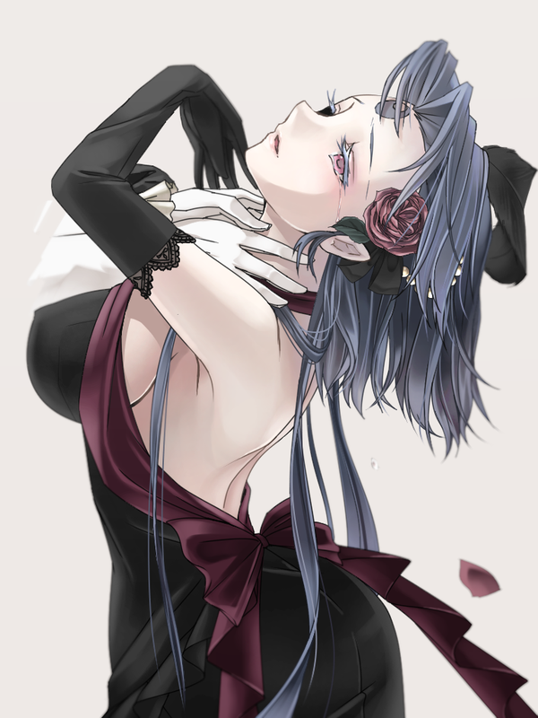 1girl, bare_shoulders, blue_hair, bow, breasts, colored_eyelashes, dress, elbow_gloves