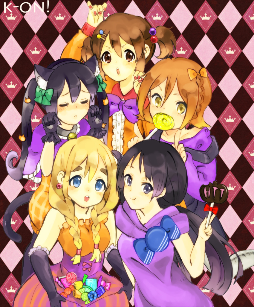 5girls, absurdres, akiyama_mio, animal_ears, black_eyes, black_hair, blonde_hair, blue_eyes, brown_eyes, brown_hair, cat_ears, cat_tail, closed_eyes, gloves, halloween, highres, hirasawa_yui, k-on!, kotobuki_tsumugi, long_hair, manami723, multiple_girls, nakano_azusa, poruka, short_hair, tail, tainaka_ritsu, twintails