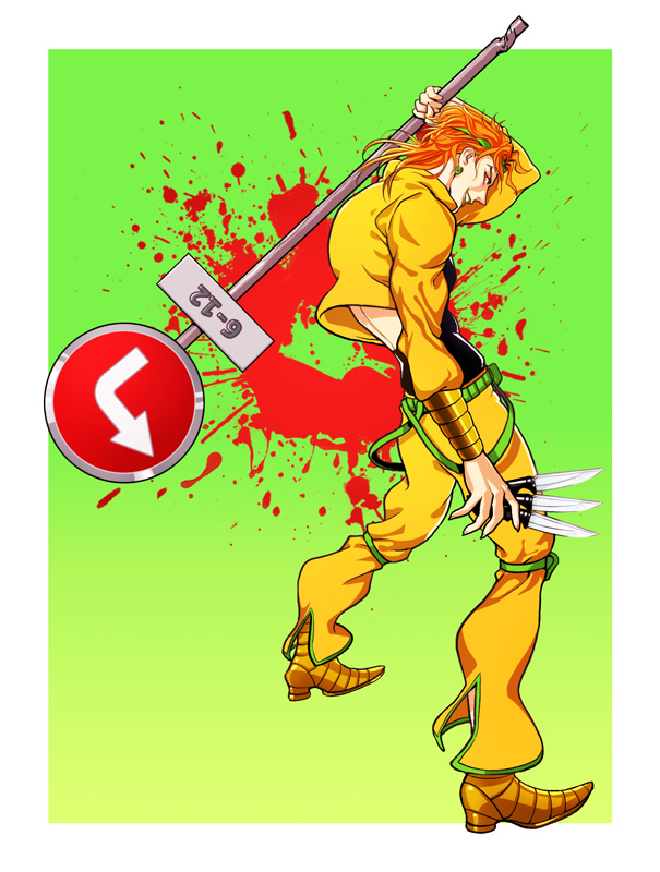 1boy, backless, belt, blood, blood_splatter, cropped_jacket, dio_brando, earrings
