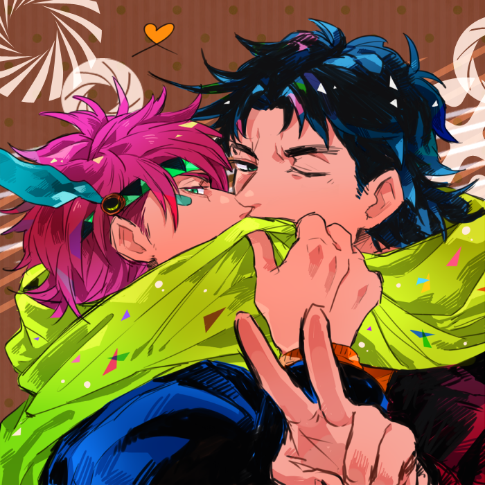 2boys, aqua_eyes, black_hair, brown_background, caesar_anthonio_zeppeli, covered_mouth, facial_mark, feathers