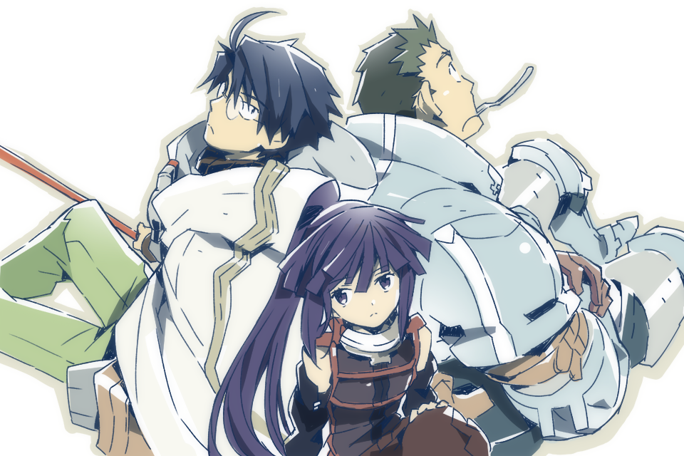 1girl, 2boys, ahoge, akatsuki_(log_horizon), armor, blue_hair, cape, glasses
