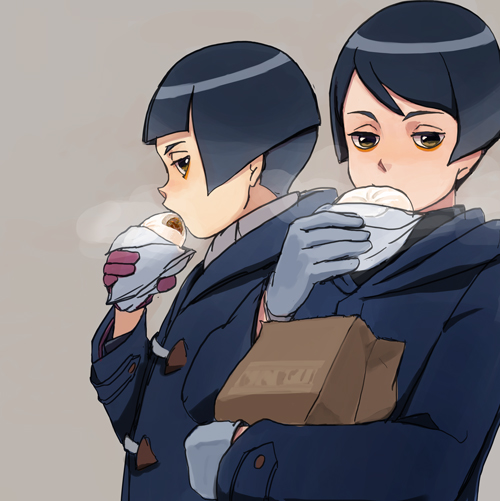 2boys, ayu161, bag, bangs, black_hair, blunt_bangs, bowl_cut, brothers