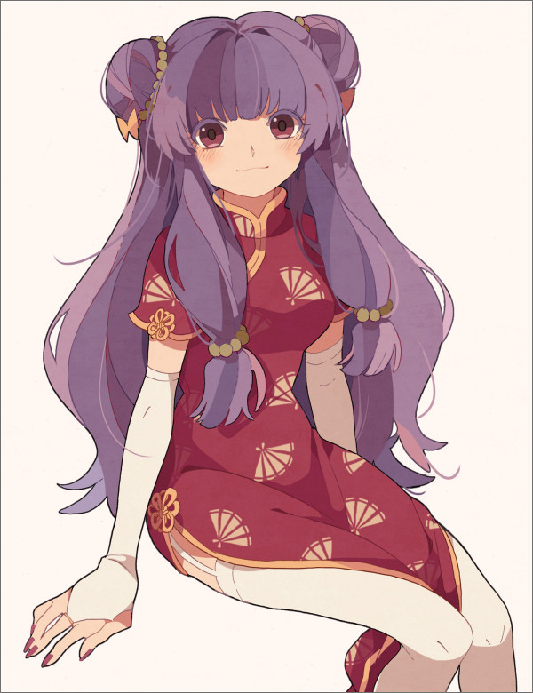 1girl, atori12, china_dress, chinese_clothes, double_bun, long_hair, looking_at_viewer, purple_hair