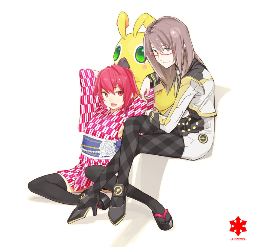 2girls, brown_eyes, brown_hair, buttons, crossed_legs_(sitting), flower, glasses, green_eyes