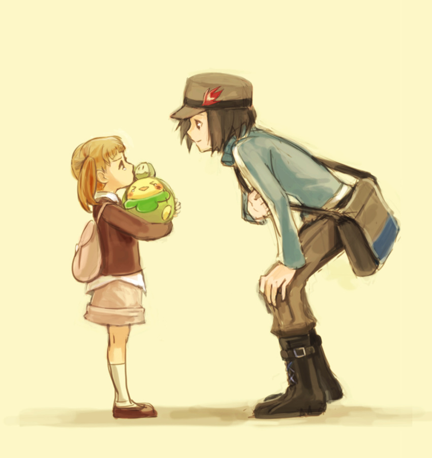1boy, 1girl, backpack, bag, blush, boots, brown_eyes, brown_hair, budew, calme_(pokemon), child, hands_on_knees, hat, highres, leaning_forward, pokemon, pokemon_(creature), pokemon_(game), pokemon_xy, rough, short_hair, smile, socks, tears, twintails, uru-ri