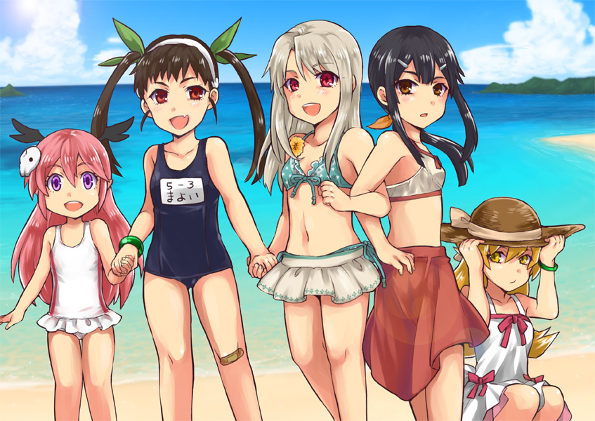5girls, bikini, casual_one-piece_swimsuit, character_request, crossover, dangan_ronpa, fate/kaleid_liner_prisma_illya, fate_(series), hachikuji_mayoi, illyasviel_von_einzbern, kurusushiki, monogatari_(series), multiple_girls, one-piece_swimsuit, oshino_shinobu, ruki_(senyuu), school_swimsuit, season_connection, senyuu, swimsuit