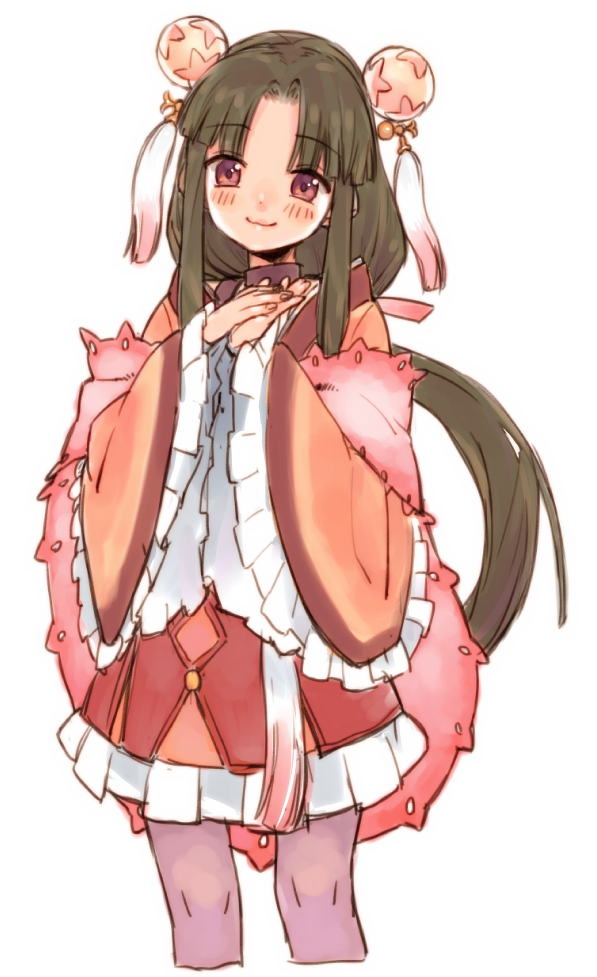 1girl, blush, brown_hair, choker, fingernails, frills, hair_intakes, hair_ornament, hair_ribbon, hands_together, head_tilt, japanese_clothes, kimono, lolita_fashion, long_hair, long_sleeves, looking_at_viewer, low_ponytail, pantyhose, pink_eyes, ponytail, purple_legwear, ribbon, rune_factory, rune_factory_3, s.o_chin, sakuya_(rune_factory), shawl, short_kimono, simple_background, skirt, smile, solo, wa_lolita, white_background, wide_sleeves