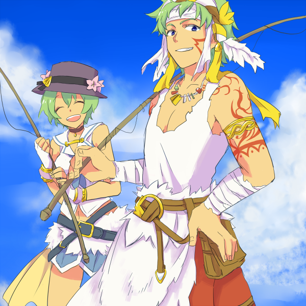 1boy, 1girl, :d, ^_^, armlet, ascot, bandages, belt