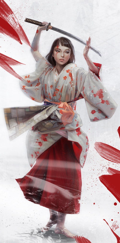 1girl, black_hair, blood, japanese_clothes, kimono, lips, long_hair, obi