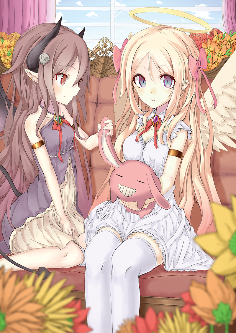 angel_and_devil, angel_wings, armband, blonde_hair, blue_eyes, bow, brown_eyes, brown_hair