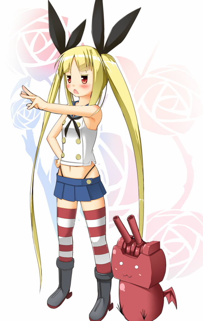 1girl, anchor, black_panties, blazblue, blonde_hair, breasts, gii, hairband, kantai_collection, long_hair, panties, personification, rachel_alucard, red_eyes, rensouhou-chan, rensouhou-chan_(cosplay), shimakaze_(kantai_collection), shimakaze_(kantai_collection)_(cosplay), skirt, solo, striped, striped_legwear, thighhighs, underwear, zettai_ryouiki