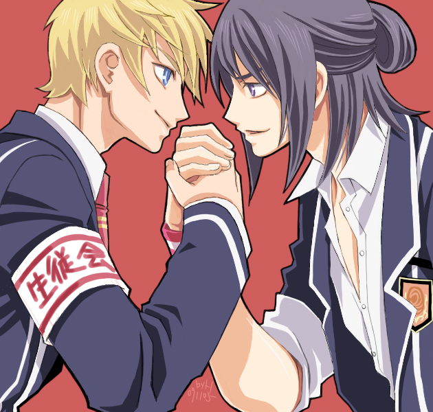 alternate_costume, armband, black_eyes, black_hair, blonde_hair, blue_eyes, flynn_scifo, lizzydom, long_hair, male, multiple_boys, red_background, school_uniform, smile, tales_of_(series), tales_of_vesperia, wristband, yuri_lowell