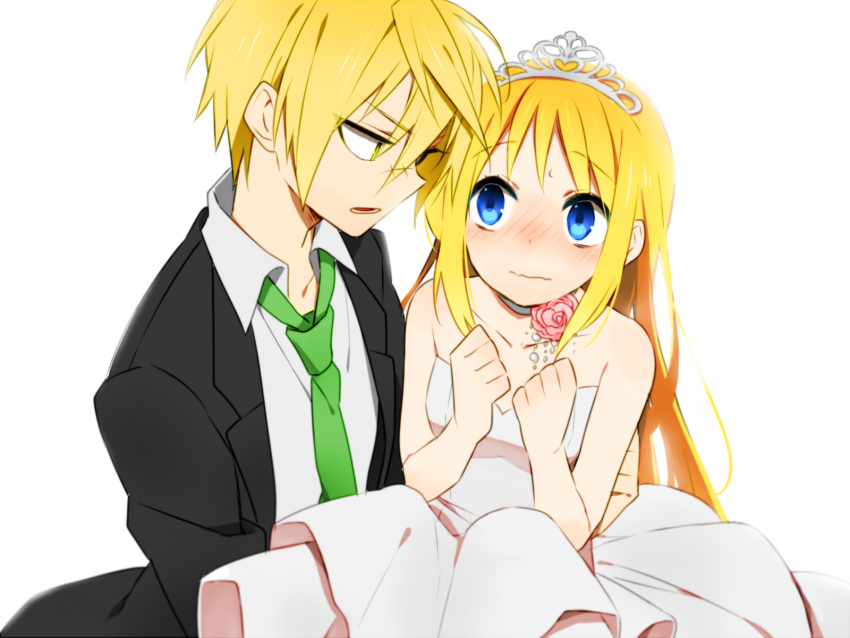 1boy, 1girl, blonde_hair, blue_eyes, blush, couple, crown, dress