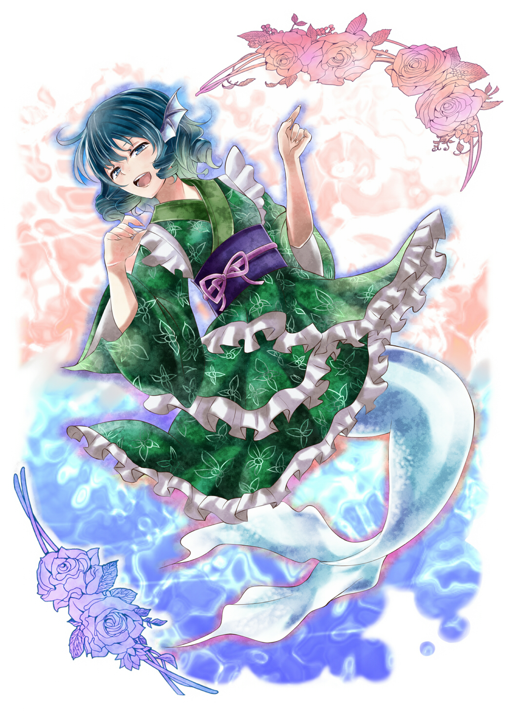 1girl, blue_eyes, blue_hair, flower, head_fins, highres, japanese_clothes, looking_at_viewer, maguroido, mermaid, monster_girl, open_mouth, rose, short_hair, solo, touhou, wakasagihime