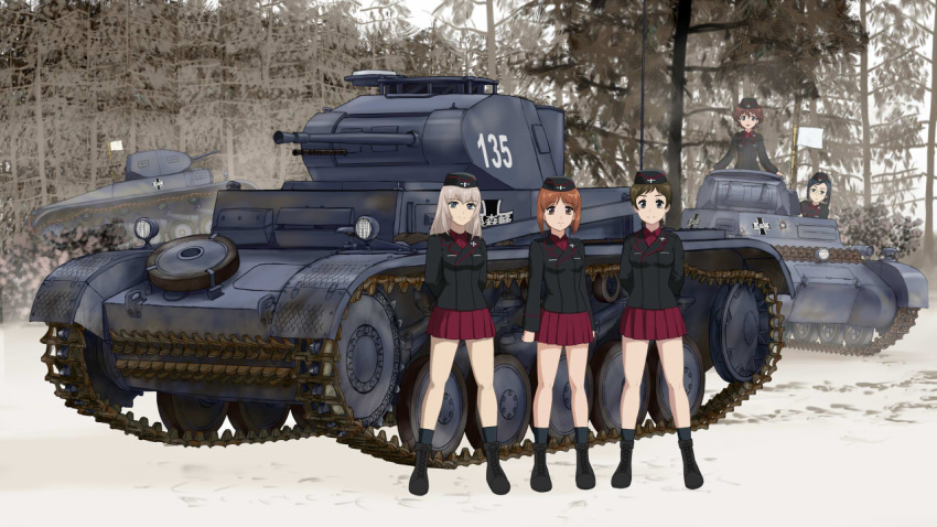 5girls, akaboshi_koume, black_hair, blue_eyes, boots, brown_eyes, brown_hair, caterpillar_tracks