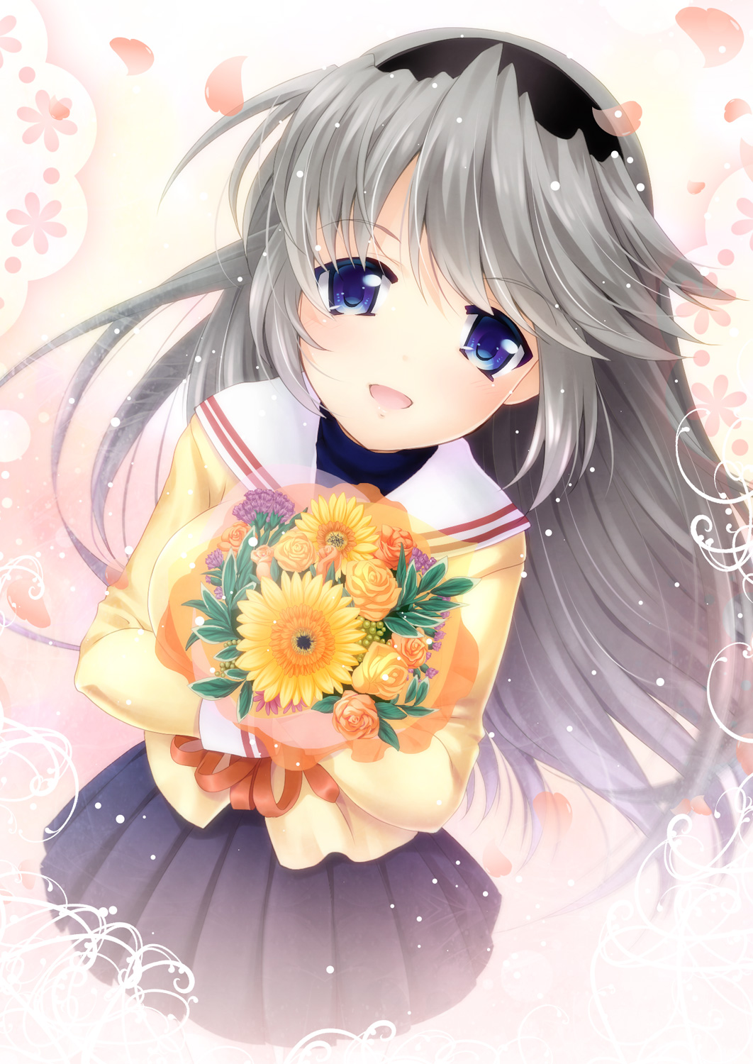 1girl, blue_eyes, bouquet, clannad, flower, hairband, highres, long_hair