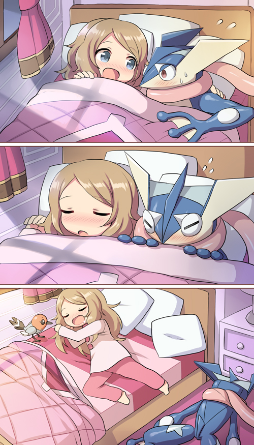 1girl, 3koma, bed, blonde_hair, blush, closed_eyes, comic, fletchling