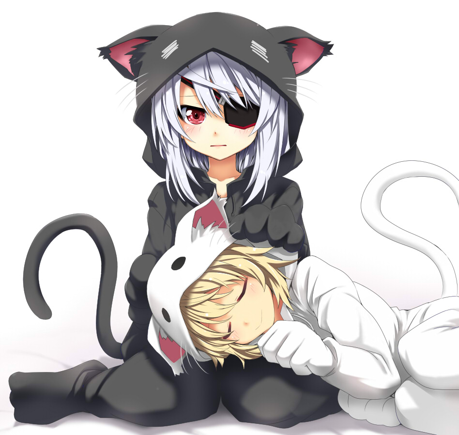 2girls, animal_costume, blonde_hair, blush, charlotte_dunois, eyepatch, grune, infinite_stratos, laura_bodewig, looking_at_viewer, multiple_girls, red_eyes, short_hair, silver_hair, sleeping, tail