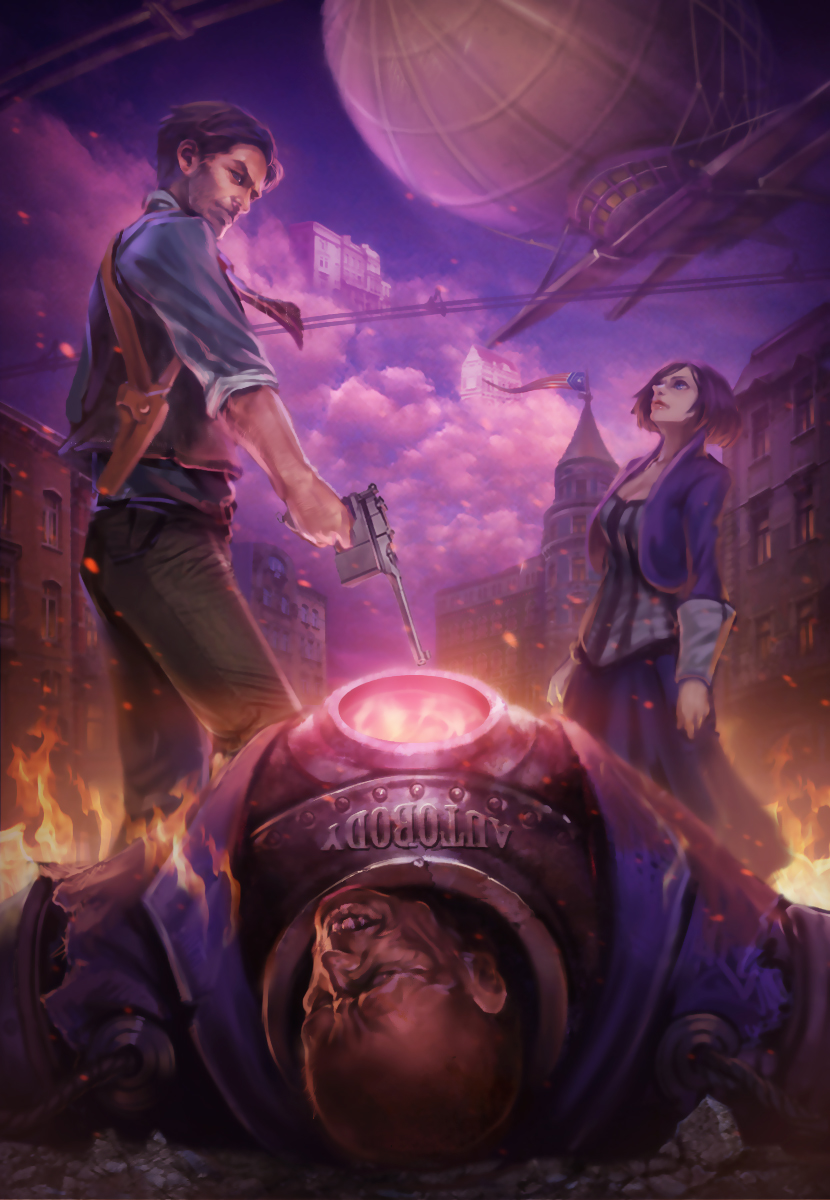 1girl, 2boys, airship, bioshock, bioshock_infinite, booker_dewitt, brown_hair, building, clouds, elizabeth_(bioshock_infinite), embers, fire, flag, gun, handyman_(bioshock_infinite), highres, multiple_boys, tora_nu_tanuki, weapon