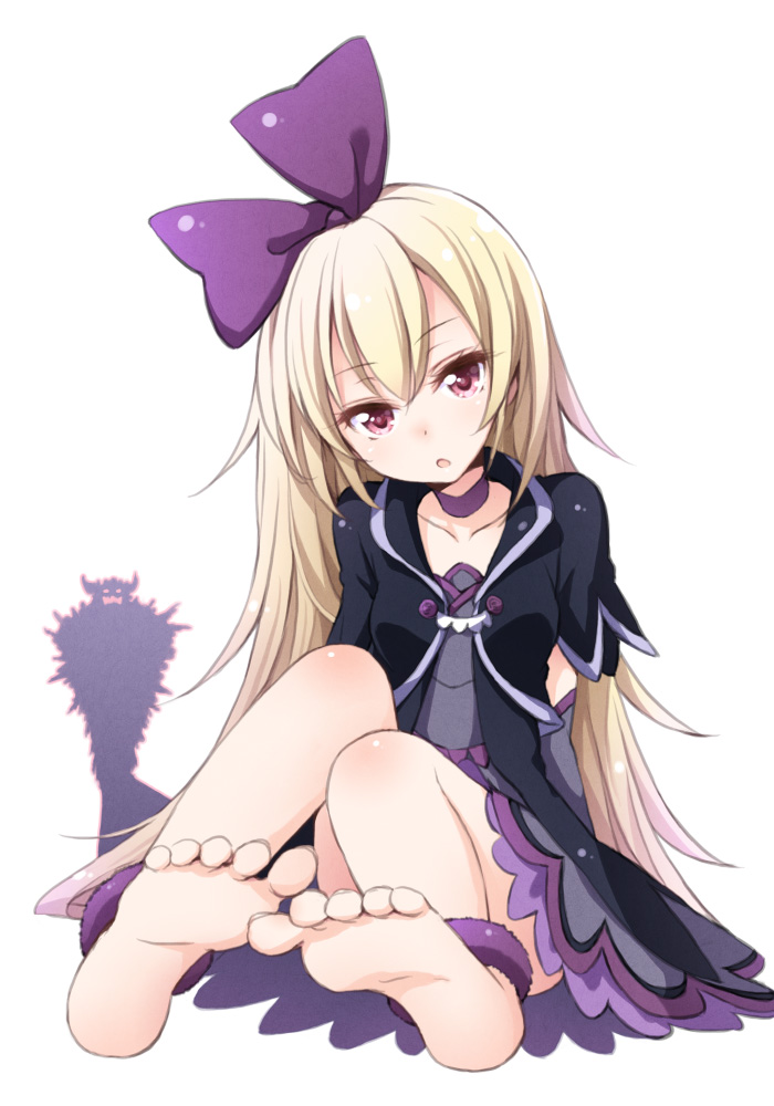 1girl, barefoot, blonde_hair, dokidoki!_precure, king_jikochuu, long_hair, no_legwear, pink_eyes, precure, purple_ribbon, regina_(dokidoki!_precure), ribbon, simple_background, sitting, solo, tokunou_shoutarou, white_background