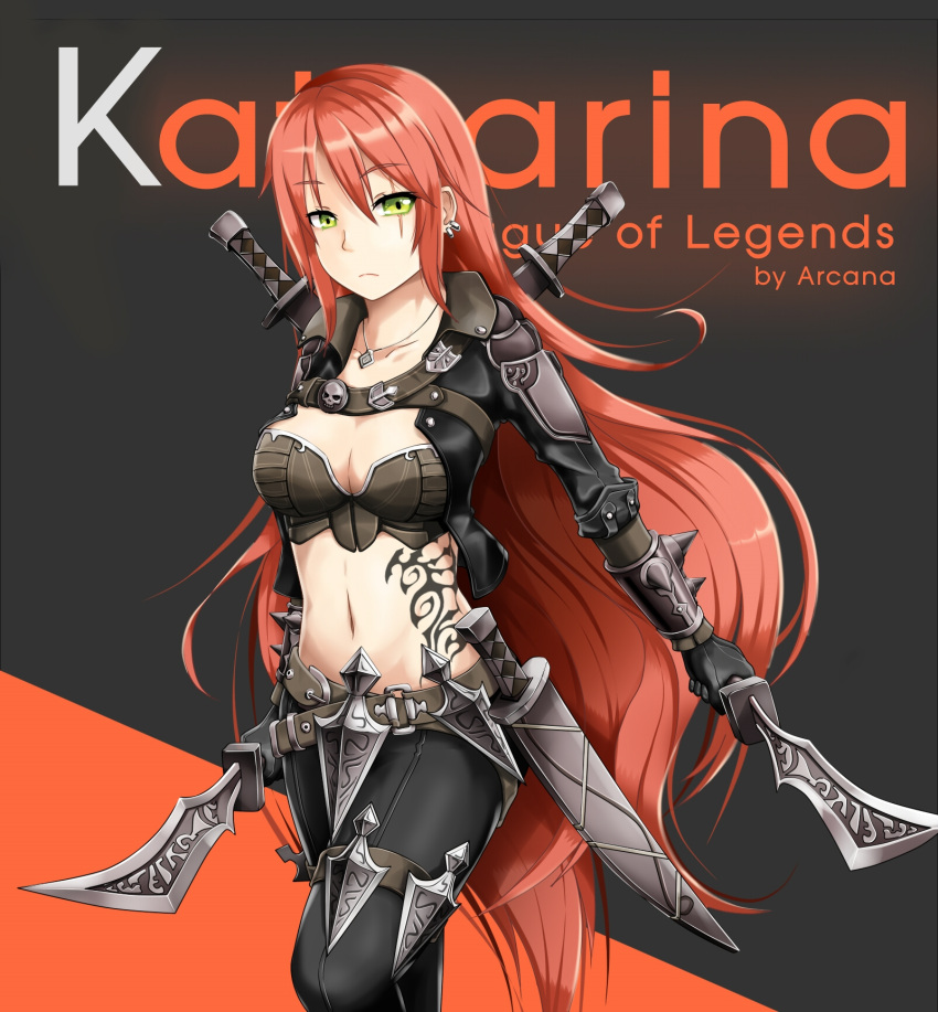 1girl, artist_name, black_legwear, breasts, character_name, cleavage, earrings, green_eyes, highres, jewelry, katarina, league_of_legends, long_hair, looking_at_viewer, midriff, navel, redhead, scar, serious, solo, sword, tattoo, trex97, weapon