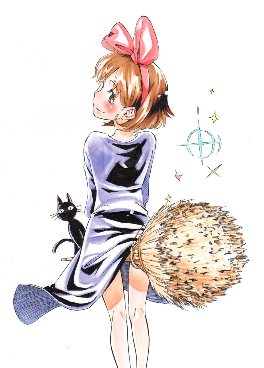 1girl, absurdres, bare_legs, black_cat, blush, bow, broom, broom_riding, brown_eyes, brown_hair, cat, dress, from_behind, hair_bow, hairband, highres, jiji_(majo_no_takkyuubin), kiki, kyunta, looking_at_viewer, looking_back, majo_no_takkyuubin, short_hair, smile, solo, studio_ghibli, witch
