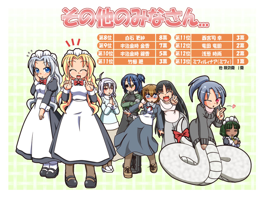 /\/\/\, 6+girls, =_=, ^_^, ahoge, asagi_shigure, black_hair, blonde_hair, blue_eyes, blue_hair, bowtie, brown_hair, closed_eyes, cup, dark_skin, eyepatch, fangs, flying_sweatdrops, glasses, green_hair, hair_ornament, hair_ribbon, hand_on_own_face, hands_together, heart, lamia, lavender_hair, long_hair, maid, maid_headdress, mifilinah_jegell, monster_girl, multiple_girls, open_mouth, original, ponytail, rakurakutei_ramen, red_eyes, ribbon, saiguuji_sachi, shiraishi_sara, short_hair, silver_hair, skirt, slit_pupils, smile, snake_tail, sweater, takekushi_meguru, tatsuta_rindou, teacup, translation_request, ujikintoki_ginka, ujikintoki_kinka, v, wink, yellow_eyes