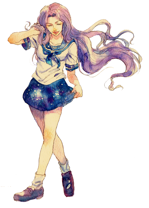 1girl, alternate_costume, closed_eyes, flute72, jojo_no_kimyou_na_bouken, long_hair, purple_hair, school_uniform