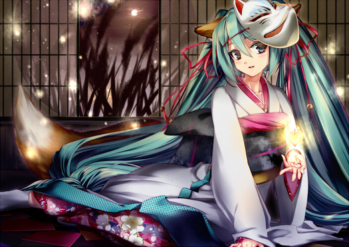 1girl, animal_ears, fox_ears, fox_mask, fox_tail, hair_ribbon, hatsune_miku, itofuya