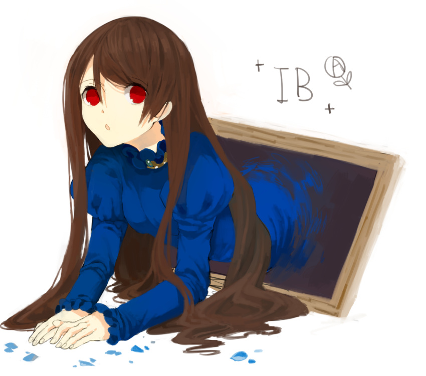 1girl, :o, blue_dress, brown_hair, dress, he_ji_(ryou), ib, lady_in_blue_(ib)
