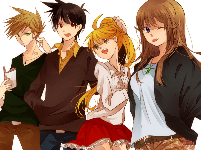 2boys, 2girls, alternate_costume, belt, black_hair, blonde_hair, blue_(pokemon), blue_eyes, book, brown_hair, frilled_skirt, frills, green_eyes, hand_in_pocket, jewelry, long_hair, multiple_boys, multiple_girls, necklace, ookido_green, petting, pokemon, pokemon_special, ponytail, red_(pokemon), red_eyes, rin-sz-ss, short_hair, skirt, spiky_hair, wink, yellow_(pokemon)