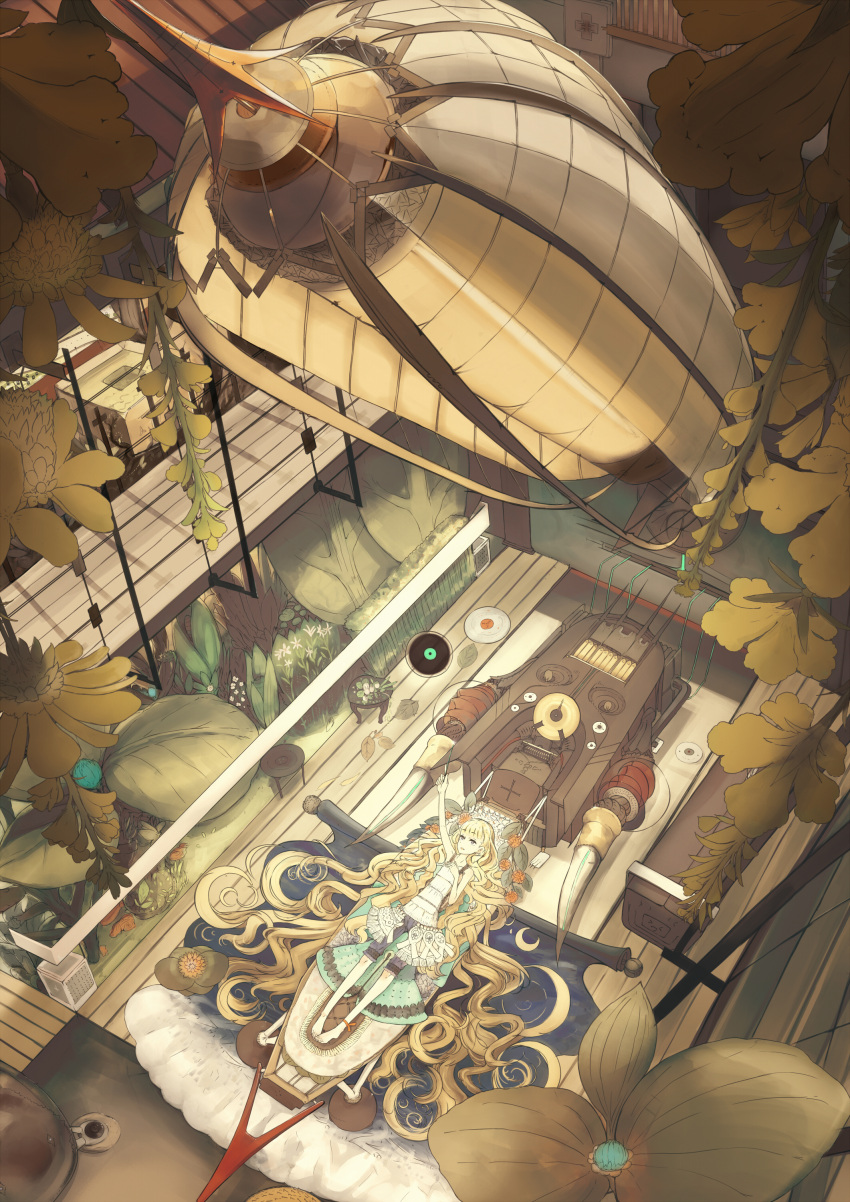 1girl, absurdres, airship, al-qalam, barefoot, blonde_hair, flower, highres, long_hair, lying, original, stool, very_long_hair, wand
