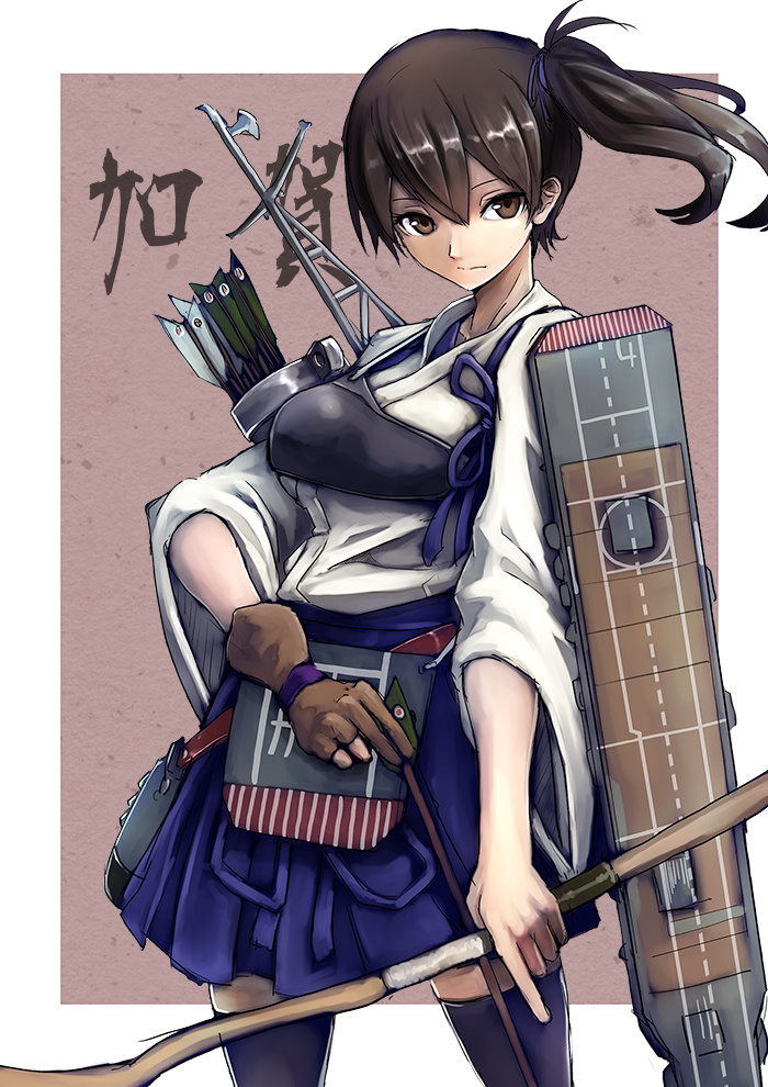 1girl, aircraft_carrier, arrow, black_legwear, blush, bow_(weapon), breasts, brown_eyes