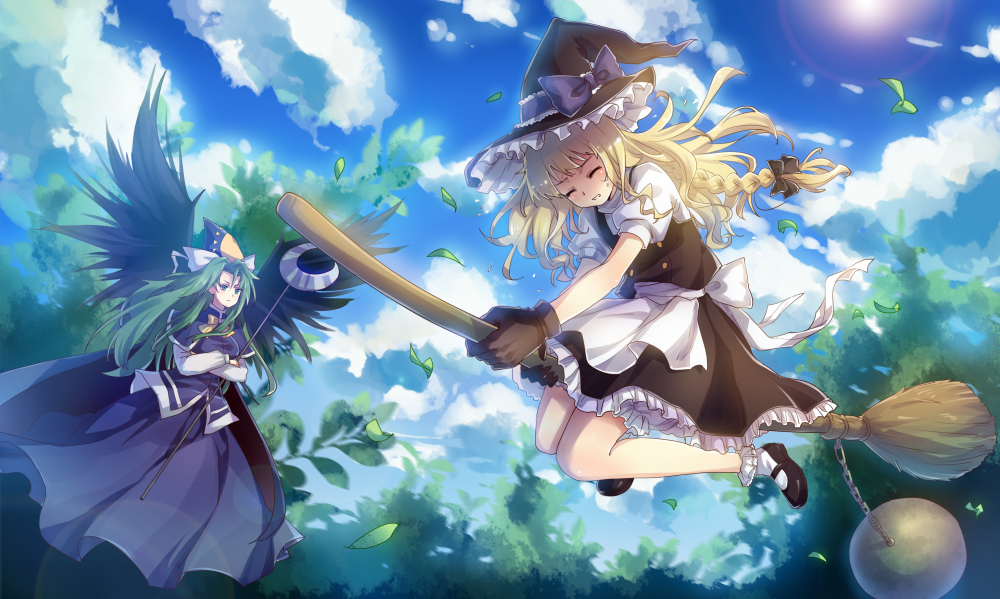 2girls, apron, black_dress, black_gloves, black_wings, blonde_hair, blue_eyes, blue_sky
