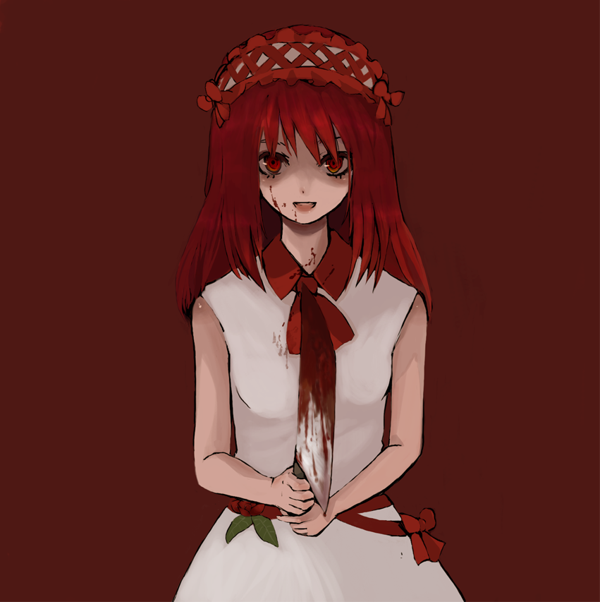 1girl, bannou_houchou-san, blood, houchou-san_no_uwasa, knife, long_hair, looking_at_viewer, monorino